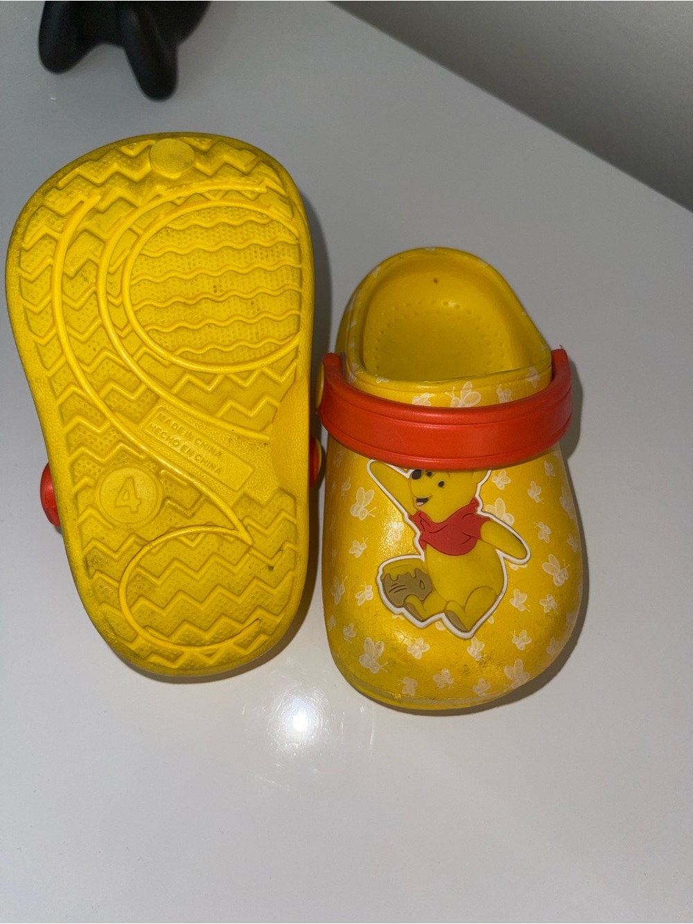 Yellow Toddler Size 4 Slip-On Crocs with Orange Strap - Winnie the Pooh Design